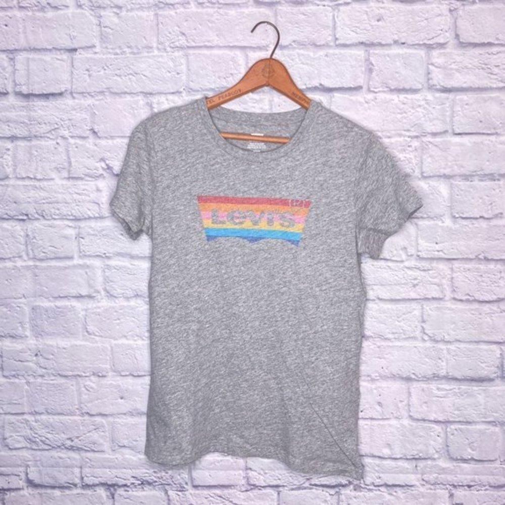 Levi's Small S Heather Gray 100% Cotton Rainbow Stripe Logo‎ Graphic Tee T-Shirt